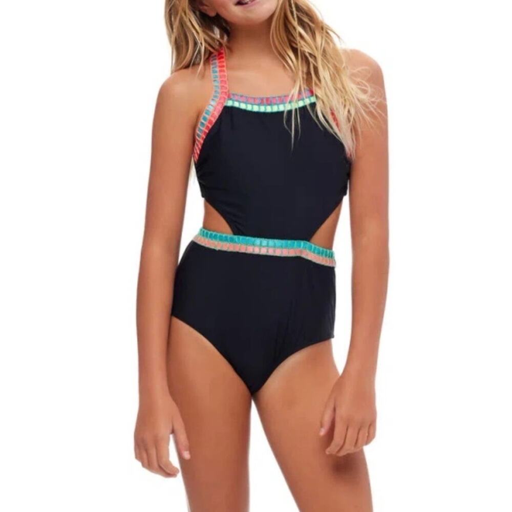 Beach Lingo Kids' Embroidered Trim Cutout One-piece Swimsuit Sz 14 NWT